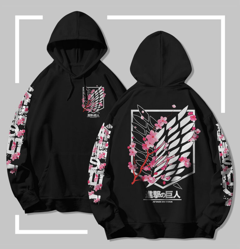 Sweat à capuche noir Attack on Titan aux fleurs de cerisier