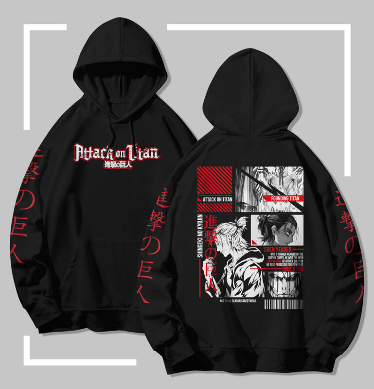 Sweat à capuche noir Attack on Titan Eren transformation et panels Founding Titan