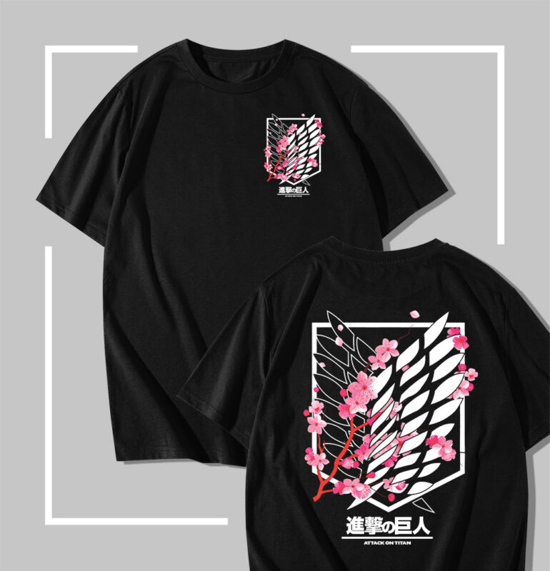 T-shirt à capuche noir Attack on Titan aux fleurs de cerisier
