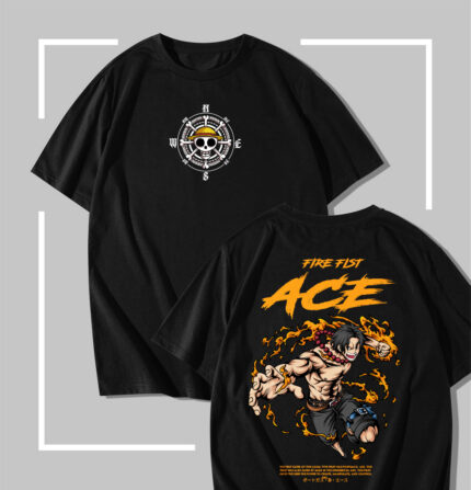 t-shirt noir One Piece Ace – Fire Fist Compass