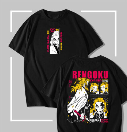T-shirt noir Demon Slayer Rengoku Flame Hashira